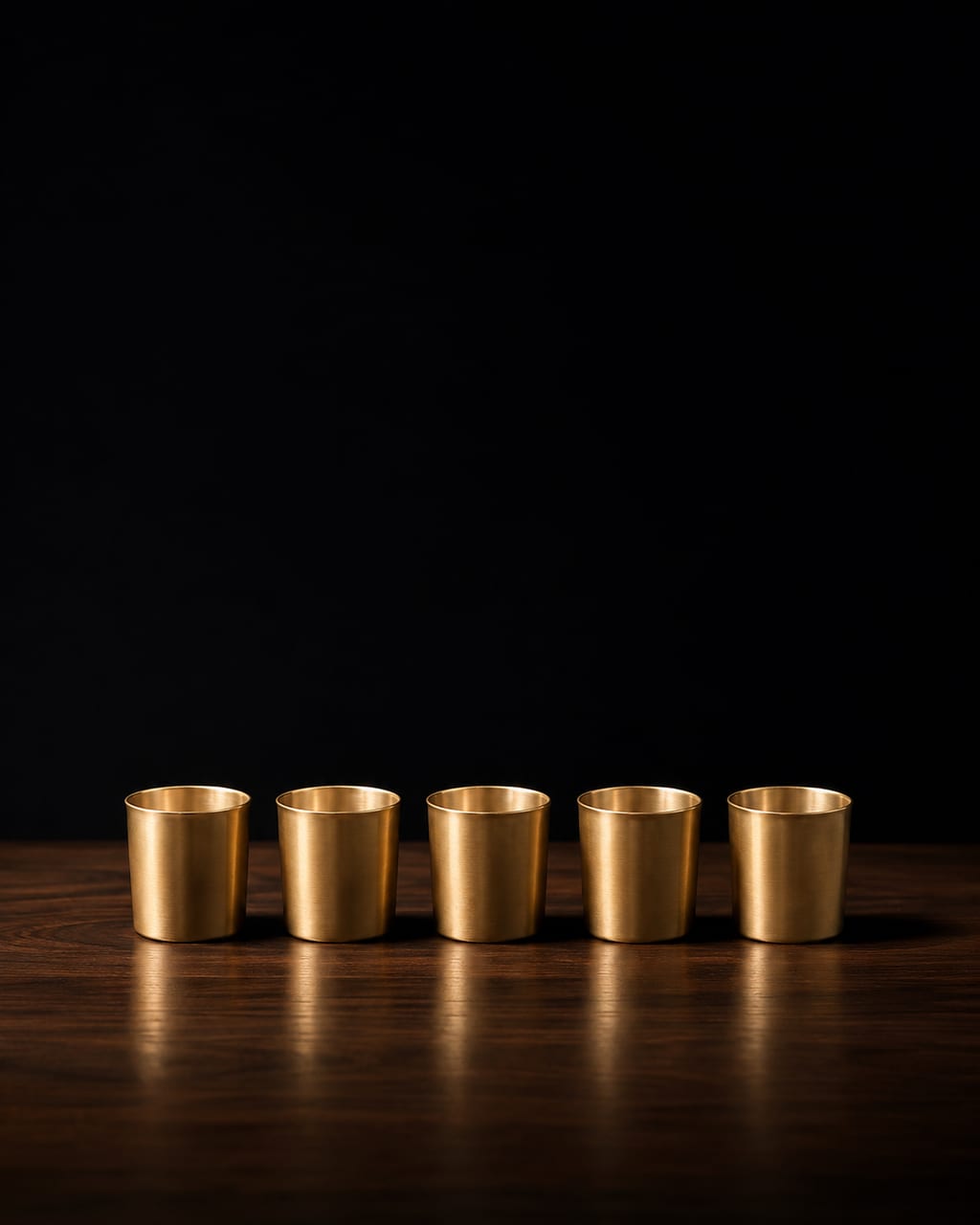 Five matched brass tumblers in a row on dark walnut — five specialists, one set.