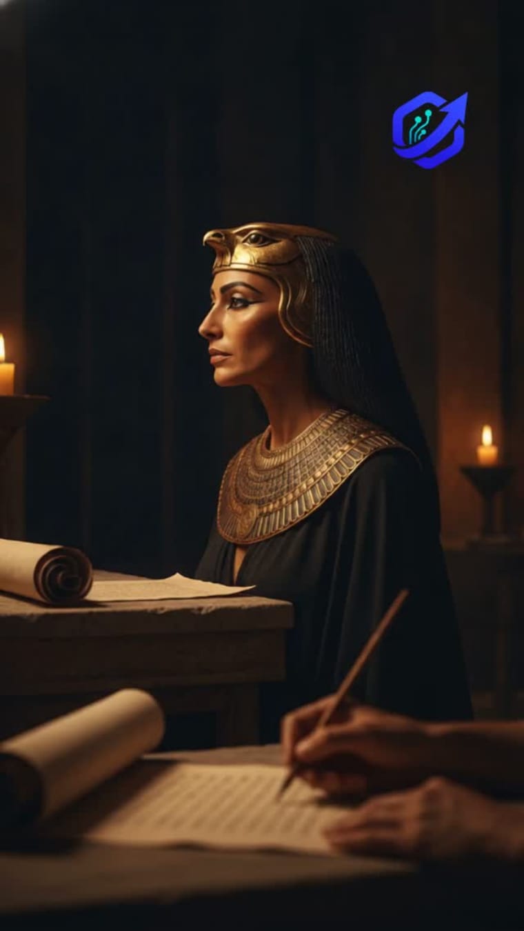 Reel cover: Cleopatra at a candle-lit desk while a scribe writes her scrolls.